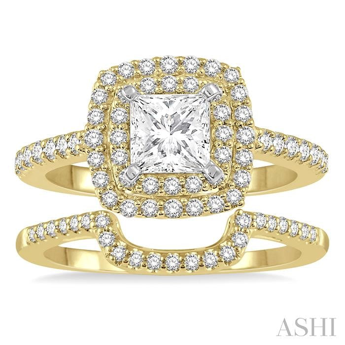 1 1/5 Ctw Diamond Wedding Set in 14K With 1 Ctw Cushion Shape Engagement Ring in Yellow and White Gold and 1/5 Ctw Wedding Band in yellow Gold