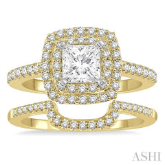 1 1/5 Ctw Diamond Wedding Set in 14K With 1 Ctw Cushion Shape Engagement Ring in Yellow and White Gold and 1/5 Ctw Wedding Band in yellow Gold