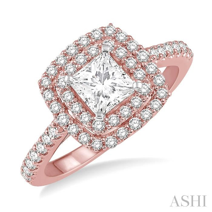 1/2 Ctw Princess & Round Cut Diamond Ladies Engagement Ring with 1/4 Ct Princess Cut Center Stone in 14K Rose and White Gold