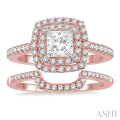 5/8 Ctw Diamond Wedding Set in 14K With 1/2 Ctw Cushion Shape Double Row Engagement Ring in Rose and White Gold and 1/8 Ctw Wedding Band in Rose Gold