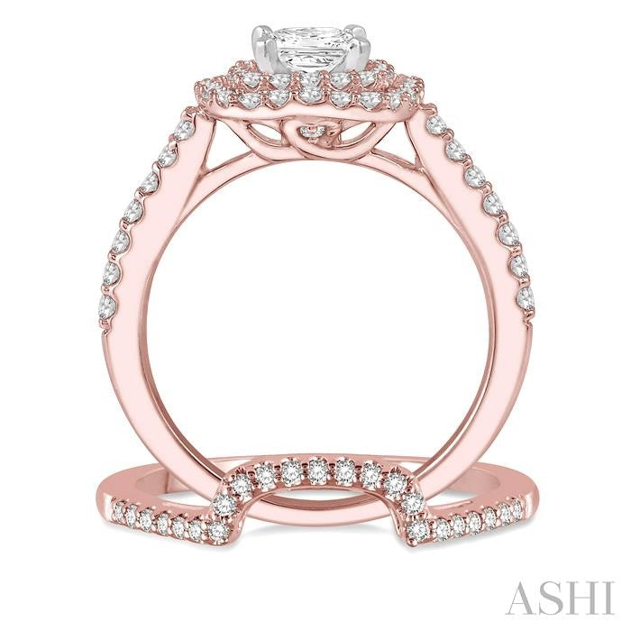 5/8 Ctw Diamond Wedding Set in 14K With 1/2 Ctw Cushion Shape Double Row Engagement Ring in Rose and White Gold and 1/8 Ctw Wedding Band in Rose Gold