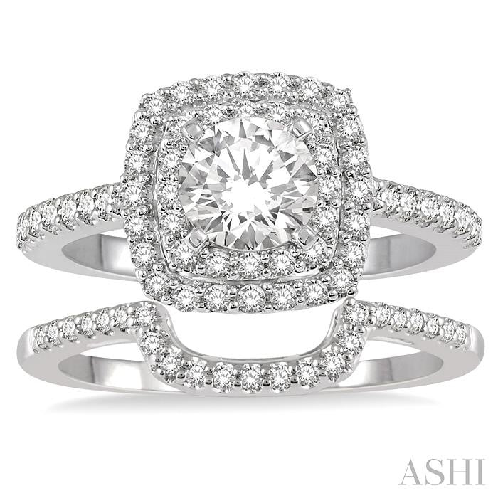5/8 Ctw Diamond Wedding Set in 14K With 1/2 Ctw Round Cut Double Row Engagement Ring and 1/8 Ctw Wedding Band in White Gold