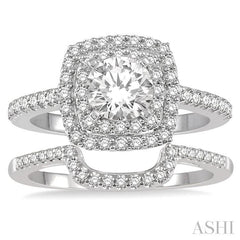 5/8 Ctw Diamond Wedding Set in 14K With 1/2 Ctw Round Cut Double Row Engagement Ring and 1/8 Ctw Wedding Band in White Gold