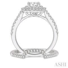 5/8 Ctw Diamond Wedding Set in 14K With 1/2 Ctw Round Cut Double Row Engagement Ring and 1/8 Ctw Wedding Band in White Gold