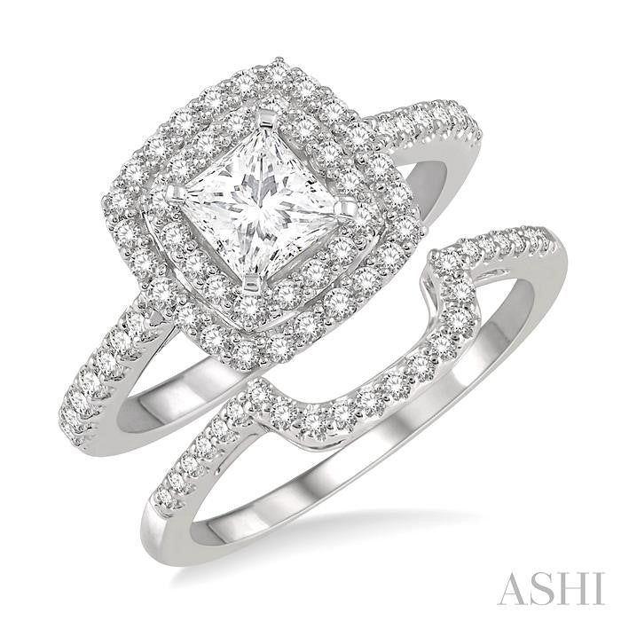 5/8 Ctw Diamond Wedding Set in 14K With 1/2 Ctw Cushion Shape Double Row Engagement Ring and 1/8 Ctw Wedding Band in White Gold