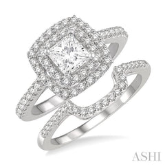 5/8 Ctw Diamond Wedding Set in 14K With 1/2 Ctw Cushion Shape Double Row Engagement Ring and 1/8 Ctw Wedding Band in White Gold