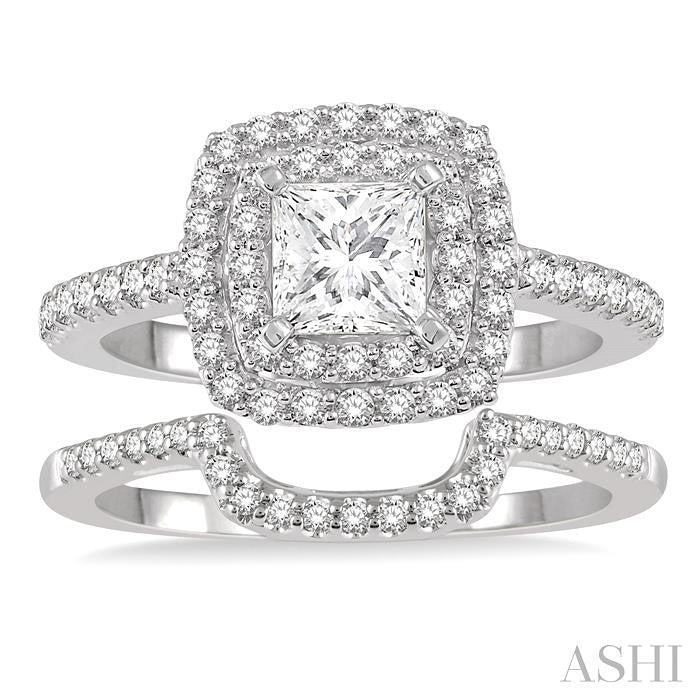 5/8 Ctw Diamond Wedding Set in 14K With 1/2 Ctw Cushion Shape Double Row Engagement Ring and 1/8 Ctw Wedding Band in White Gold