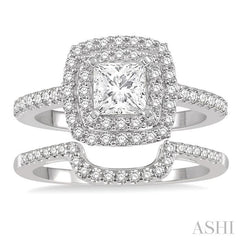 5/8 Ctw Diamond Wedding Set in 14K With 1/2 Ctw Cushion Shape Double Row Engagement Ring and 1/8 Ctw Wedding Band in White Gold