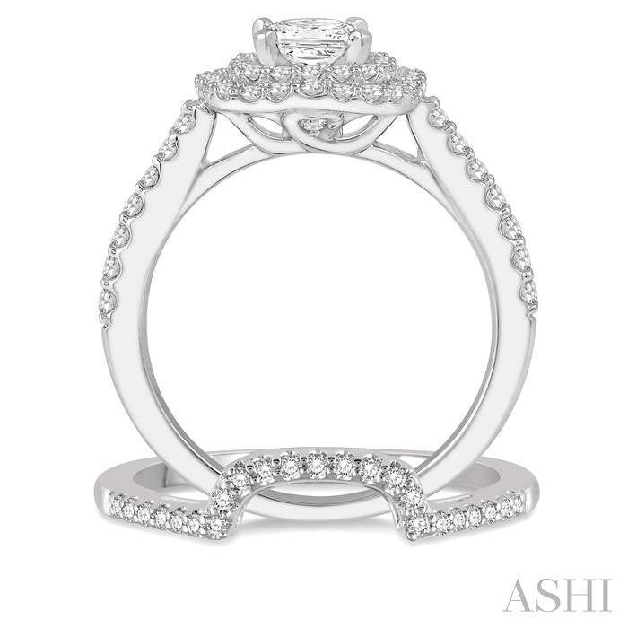 5/8 Ctw Diamond Wedding Set in 14K With 1/2 Ctw Cushion Shape Double Row Engagement Ring and 1/8 Ctw Wedding Band in White Gold