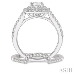 5/8 Ctw Diamond Wedding Set in 14K With 1/2 Ctw Cushion Shape Double Row Engagement Ring and 1/8 Ctw Wedding Band in White Gold