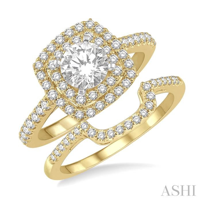 5/8 Ctw Diamond Wedding Set in 14K With 1/2 Ctw Round Cut Double Row Engagement Ring in Yellow and White Gold and 1/8 Ctw Wedding Band in Yellow Gold