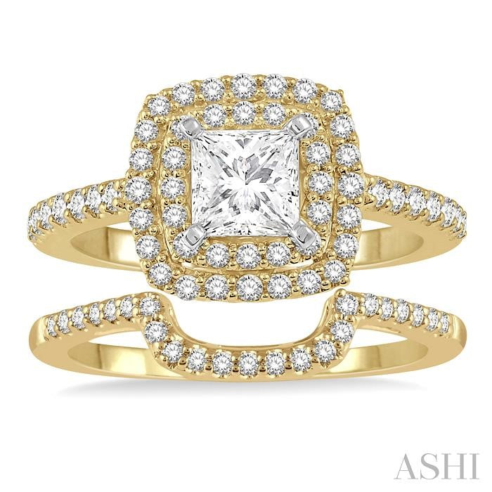 5/8 Ctw Diamond Wedding Set in 14K With 1/2 Ctw Cushion Shape Double Row Engagement Ring in Yellow and White Gold & 1/8 Ct Wedding Band in Yellow Gold