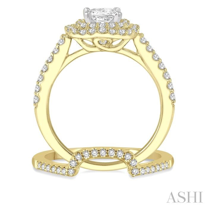 5/8 Ctw Diamond Wedding Set in 14K With 1/2 Ctw Cushion Shape Double Row Engagement Ring in Yellow and White Gold & 1/8 Ct Wedding Band in Yellow Gold