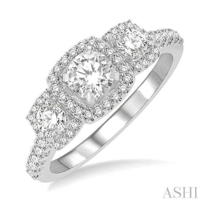 5/8 Ctw Cushion Shape Past, Present & Future Round Cut Diamond Semi-Mount Engagement Ring in 14K White Gold