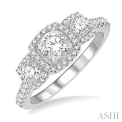 5/8 Ctw Cushion Shape Past, Present & Future Round Cut Diamond Semi-Mount Engagement Ring in 14K White Gold