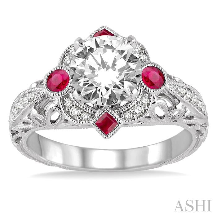 2x2 MM Princess Cut Ruby, 2.5 MM Round Cut Ruby and 1/6 Ctw Round Cut Diamond Semi-Mount Engagement Ring in 14K White Gold