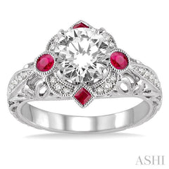 2x2 MM Princess Cut Ruby, 2.5 MM Round Cut Ruby and 1/6 Ctw Round Cut Diamond Semi-Mount Engagement Ring in 14K White Gold
