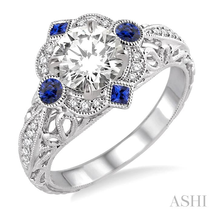 2x2 MM Princess Cut Sapphire, 2.5 MM Round Cut Sapphire and 1/6 Ctw Round Cut Diamond Semi-Mount Engagement Ring in 14K White Gold