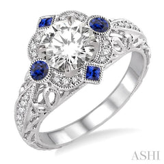2x2 MM Princess Cut Sapphire, 2.5 MM Round Cut Sapphire and 1/6 Ctw Round Cut Diamond Semi-Mount Engagement Ring in 14K White Gold