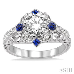 2x2 MM Princess Cut Sapphire, 2.5 MM Round Cut Sapphire and 1/6 Ctw Round Cut Diamond Semi-Mount Engagement Ring in 14K White Gold