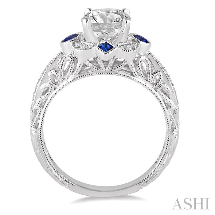 2x2 MM Princess Cut Sapphire, 2.5 MM Round Cut Sapphire and 1/6 Ctw Round Cut Diamond Semi-Mount Engagement Ring in 14K White Gold