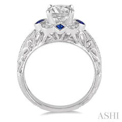 2x2 MM Princess Cut Sapphire, 2.5 MM Round Cut Sapphire and 1/6 Ctw Round Cut Diamond Semi-Mount Engagement Ring in 14K White Gold
