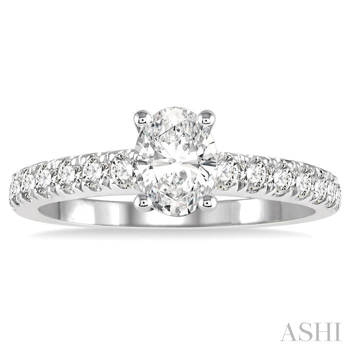 1 1/10 Ctw Oval shape Diamond Ladies Engagement Ring with 5/8 Ct Oval Cut Center Stone in 14K White Gold
