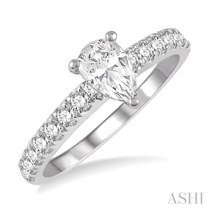 1 1/10 Ctw Pear Shape Diamond Ladies Engagement Ring with 5/8 Ct Pear Cut Center Stone in 14K White Gold