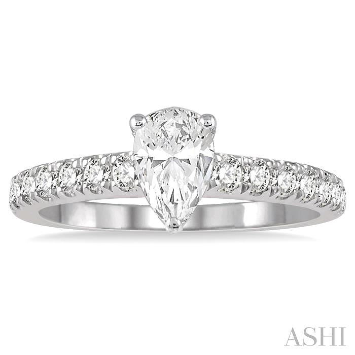 1 1/10 Ctw Pear Shape Diamond Ladies Engagement Ring with 5/8 Ct Pear Cut Center Stone in 14K White Gold