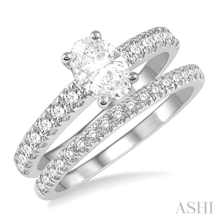 1 5/8 Ctw Diamond Wedding Set With 1 1/10 Ct Oval Cut Engagement Ring and 1/2 Ct Wedding Band in 14K White Gold