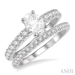 1 5/8 Ctw Diamond Wedding Set With 1 1/10 Ct Oval Cut Engagement Ring and 1/2 Ct Wedding Band in 14K White Gold