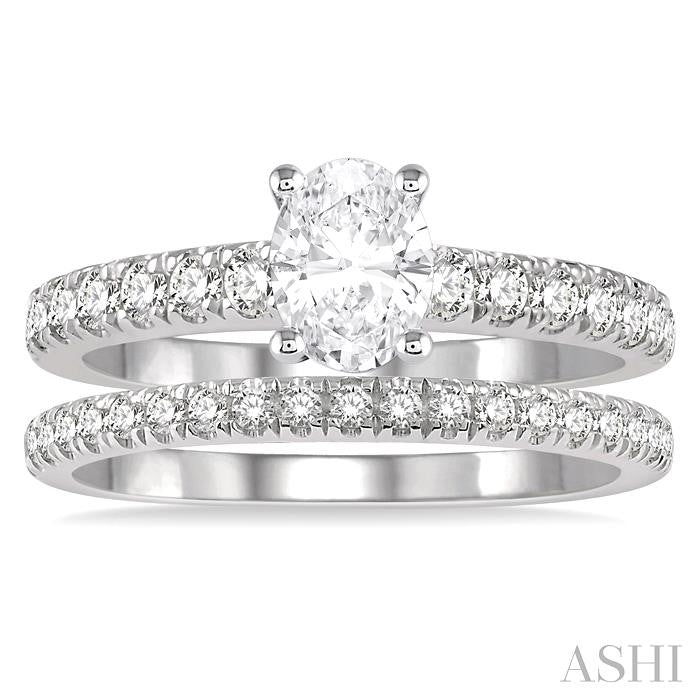 1 5/8 Ctw Diamond Wedding Set With 1 1/10 Ct Oval Cut Engagement Ring and 1/2 Ct Wedding Band in 14K White Gold
