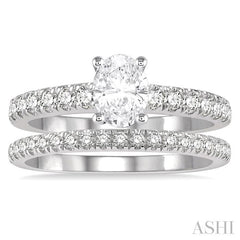 1 5/8 Ctw Diamond Wedding Set With 1 1/10 Ct Oval Cut Engagement Ring and 1/2 Ct Wedding Band in 14K White Gold
