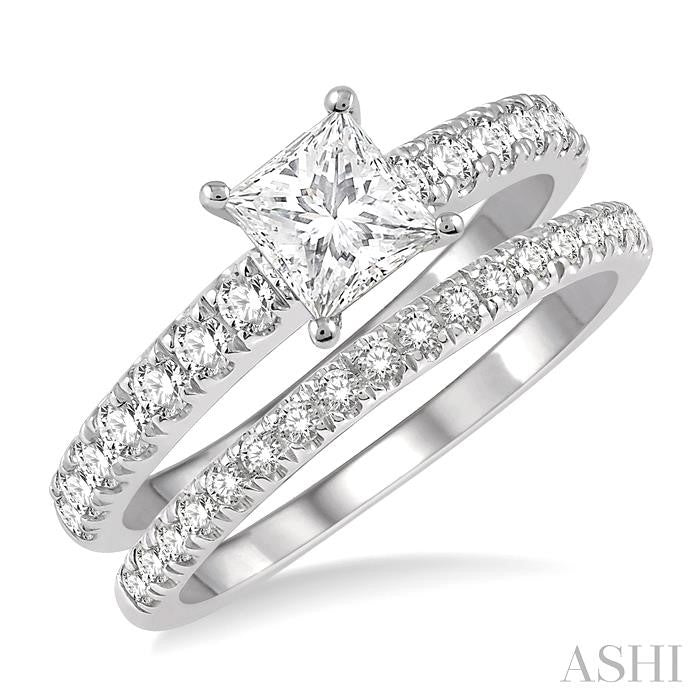 1 5/8 Ctw Diamond Wedding Set With a 5/8 Ct Princess Cut Engagement Ring and 1/2 Ct Wedding Band in 14K White Gold