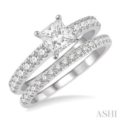 1 5/8 Ctw Diamond Wedding Set With a 5/8 Ct Princess Cut Engagement Ring and 1/2 Ct Wedding Band in 14K White Gold