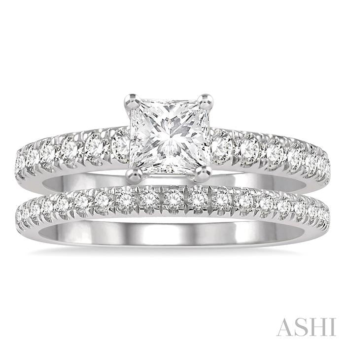 1 5/8 Ctw Diamond Wedding Set With a 5/8 Ct Princess Cut Engagement Ring and 1/2 Ct Wedding Band in 14K White Gold