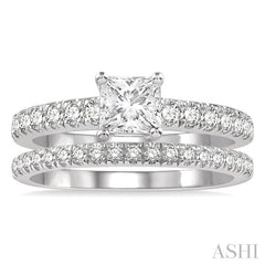 1 5/8 Ctw Diamond Wedding Set With a 5/8 Ct Princess Cut Engagement Ring and 1/2 Ct Wedding Band in 14K White Gold
