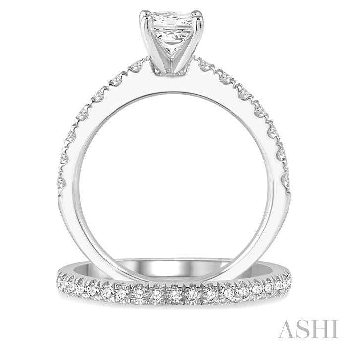 1 5/8 Ctw Diamond Wedding Set With a 5/8 Ct Princess Cut Engagement Ring and 1/2 Ct Wedding Band in 14K White Gold