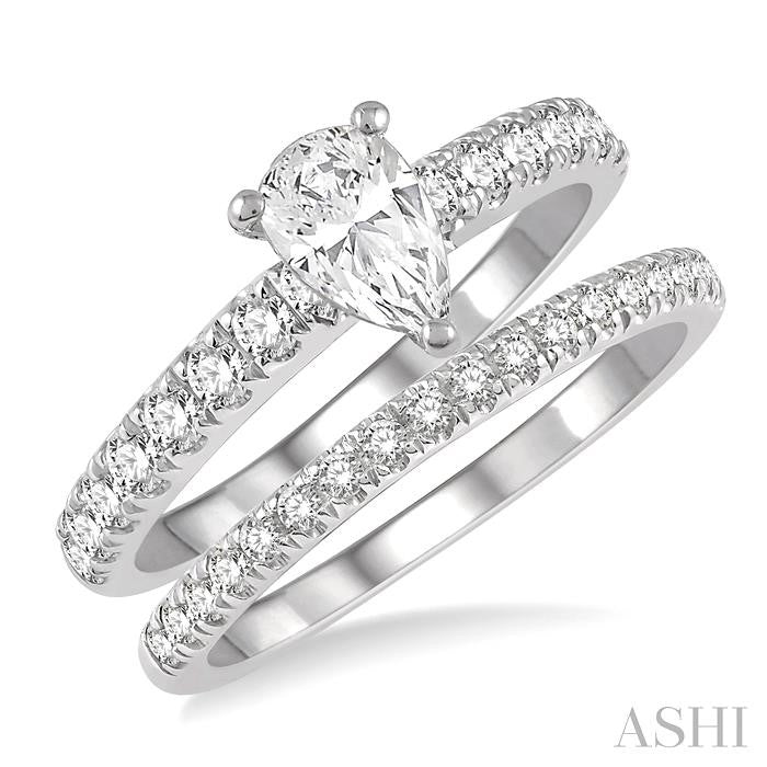 1 5/8 Ctw Diamond Wedding Set With 5/8 Ct Pear Cut Engagement Ring and 1/2 Ct Wedding Band in 14K White Gold