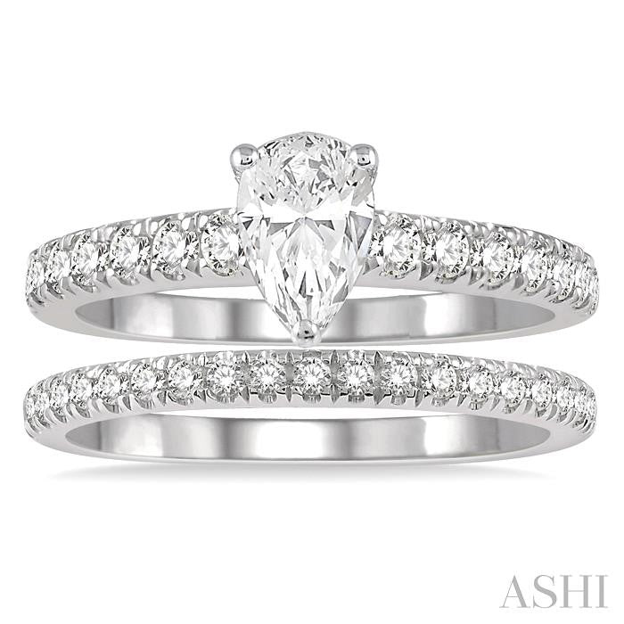 1 5/8 Ctw Diamond Wedding Set With 5/8 Ct Pear Cut Engagement Ring and 1/2 Ct Wedding Band in 14K White Gold