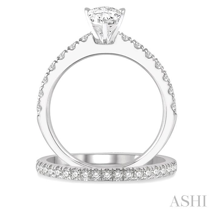1 5/8 Ctw Diamond Wedding Set With 5/8 Ct Pear Cut Engagement Ring and 1/2 Ct Wedding Band in 14K White Gold