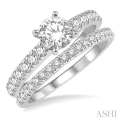 1 5/8 Ctw Diamond Wedding Set With 1 1/10 Ct Round Cut Engagement Ring and 1/2 Ct Wedding Band in 14K White Gold