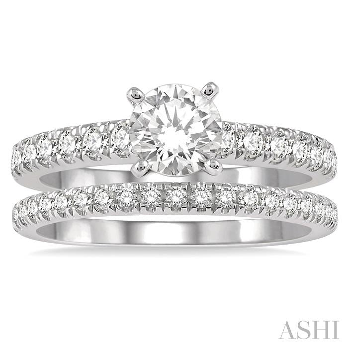 1 5/8 Ctw Diamond Wedding Set With 1 1/10 Ct Round Cut Engagement Ring and 1/2 Ct Wedding Band in 14K White Gold