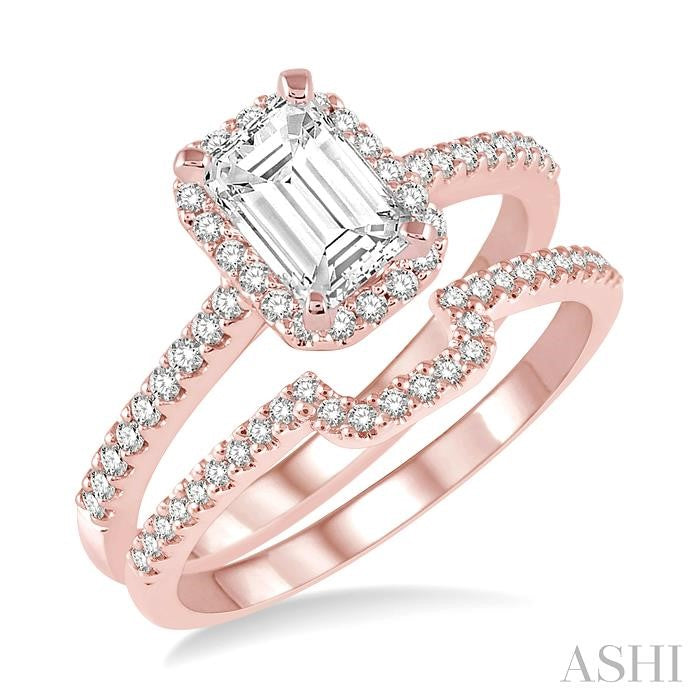 7/8 Ctw Round Cut Diamond Wedding Set With 3/4 Ctw Emerald Cut Engagement Ring and 1/6 Ctw Trough Shape Wedding Band in 14K Rose Gold