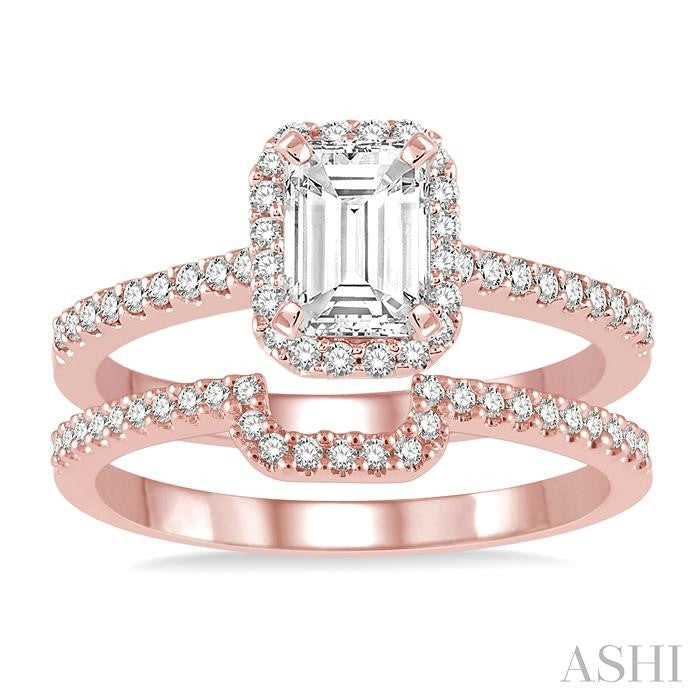 7/8 Ctw Round Cut Diamond Wedding Set With 3/4 Ctw Emerald Cut Engagement Ring and 1/6 Ctw Trough Shape Wedding Band in 14K Rose Gold