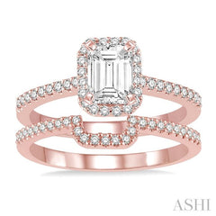 7/8 Ctw Round Cut Diamond Wedding Set With 3/4 Ctw Emerald Cut Engagement Ring and 1/6 Ctw Trough Shape Wedding Band in 14K Rose Gold