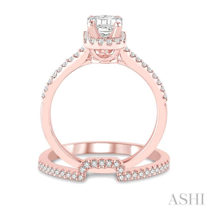 7/8 Ctw Round Cut Diamond Wedding Set With 3/4 Ctw Emerald Cut Engagement Ring and 1/6 Ctw Trough Shape Wedding Band in 14K Rose Gold