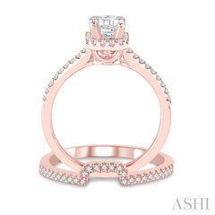 7/8 Ctw Round Cut Diamond Wedding Set With 3/4 Ctw Emerald Cut Engagement Ring and 1/6 Ctw Trough Shape Wedding Band in 14K Rose Gold