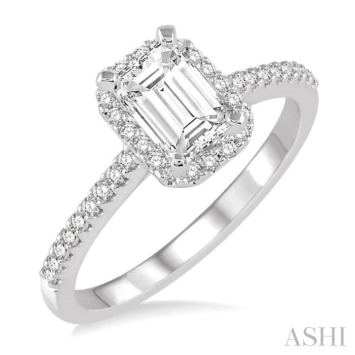 3/4 Ctw Diamond Engagement Ring with 1/2 Ct Emerald Cut Center Stone in 14K White Gold