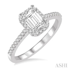 3/4 Ctw Diamond Engagement Ring with 1/2 Ct Emerald Cut Center Stone in 14K White Gold